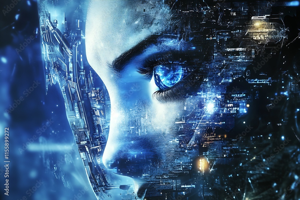 Leinwandbilder Digital Future Concept with Futuristic Cyborg Face and High Tech Elements : Generative AI