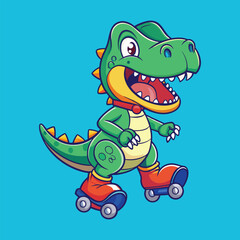 Fototapeta premium Cartoon T-Rex Dinosaur on Roller Skates