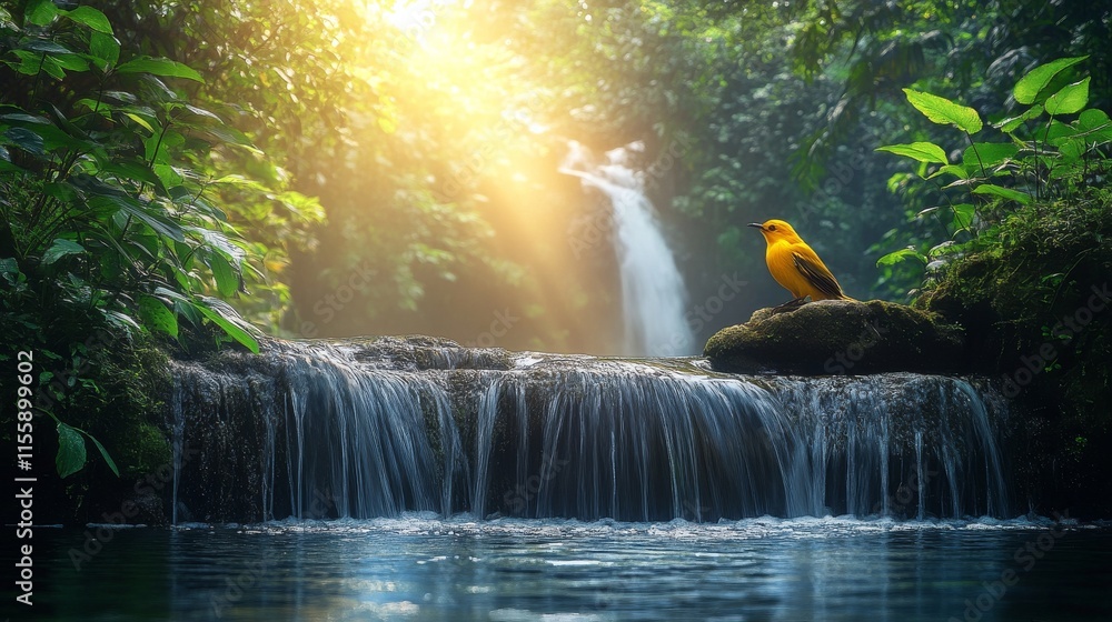 Poster serene waterfall cascading through lush tropical rainforest with sunlight filtering through trees