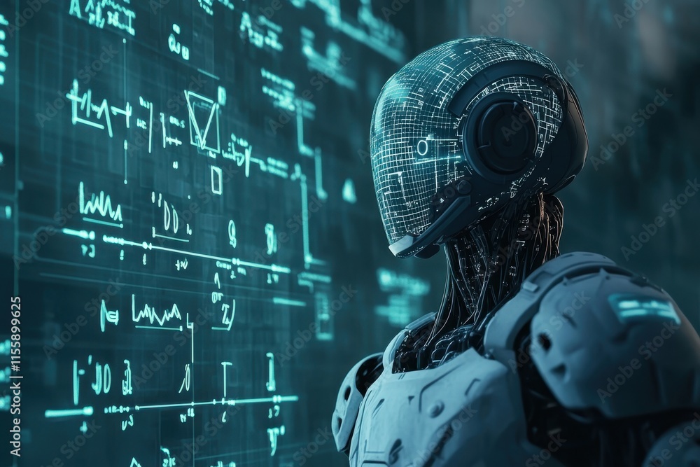 Poster futuristic robot with glowing circuitry in a high-tech environment displaying data visuals