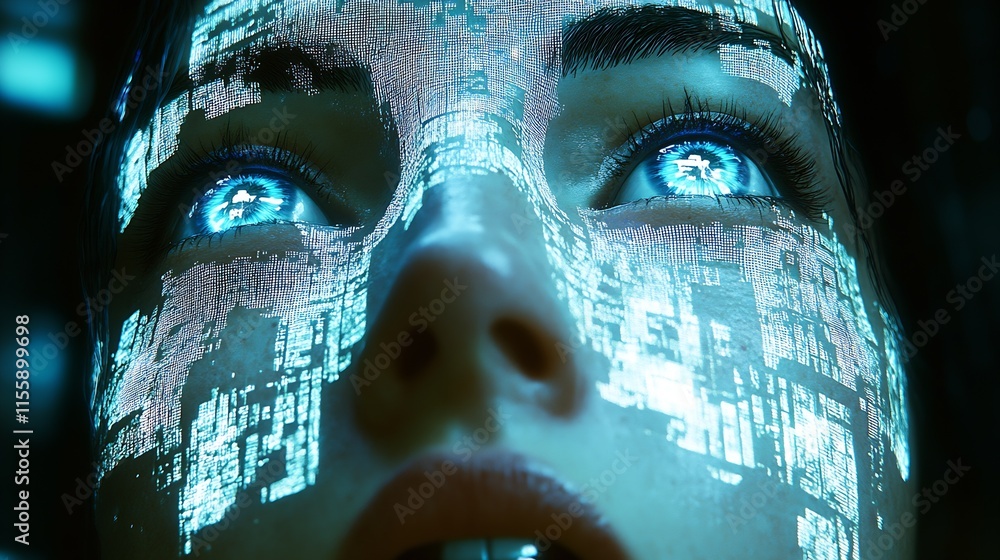 Poster Illuminated Human Face with Digital Patterns in Bright Blue Light : Generative AI