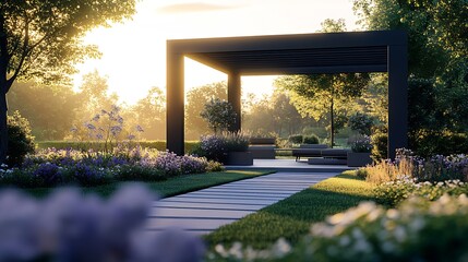 Obraz premium Chic Pergola with Cozy Seating Area amidst Blooming Garden at Dawn : Generative AI