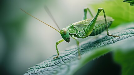 Green Grasshopper Perched on a Leaf in Nature
