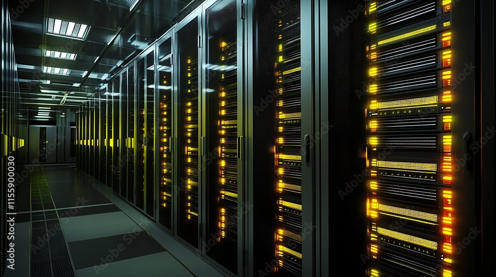 Poster Modern Data Center Server Room with Illuminated Network Racks and Infrastructure : Generative AI
