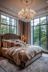 Fototapeta premium Elegant bedroom design featuring plush bedding and stunning chan