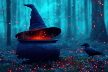 Enchanting Cauldron with Mystical Hat and Glowing Orbs in Forest