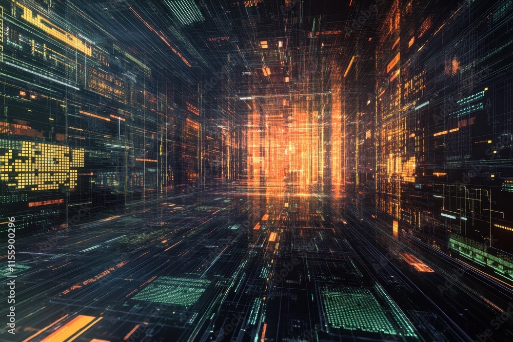 Aufkleber high-tech abstract digital landscape showcasing vibrant data streams and glowing grids