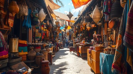 Fototapeta premium Vibrant Market Street Displays Colorful Textiles And Pottery
