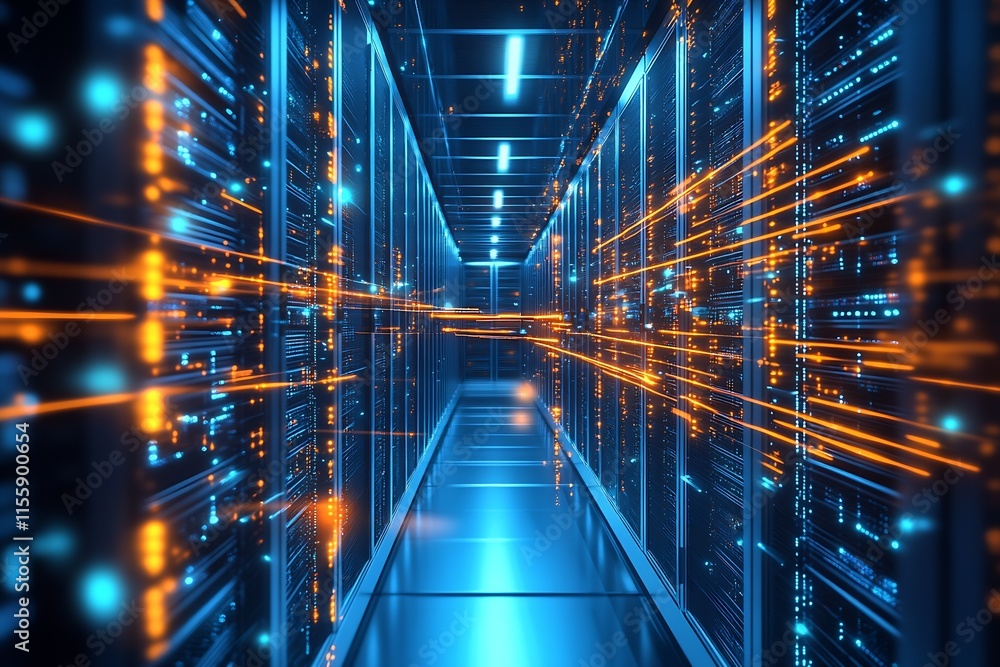 Poster Cyber-inspired high-tech data servers corridor with neon blue and orange lights in a clean futuristic setting : Generative AI