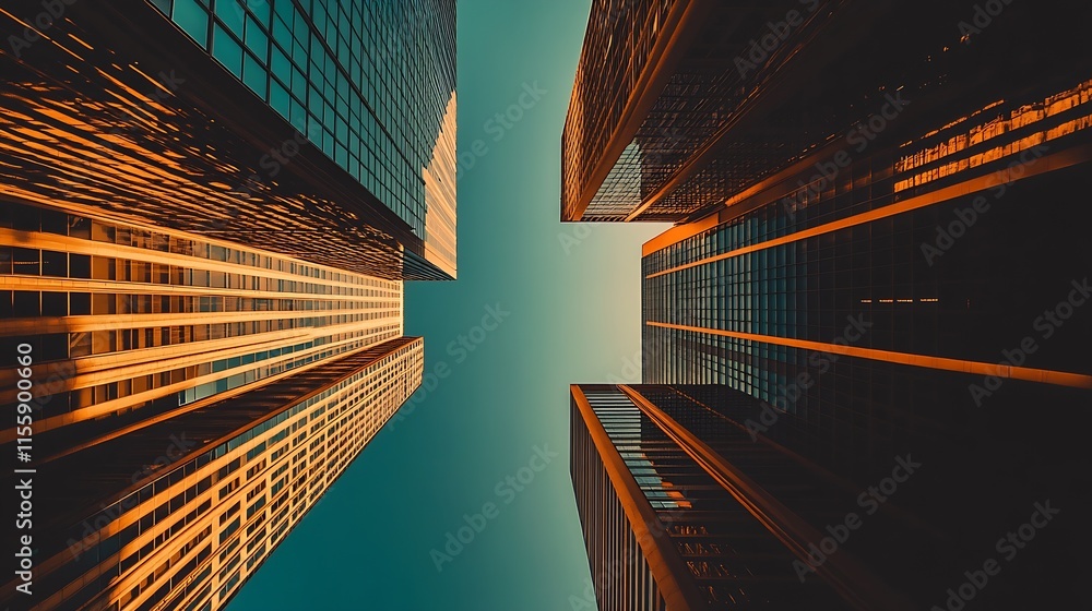 Poster symmetrical view of urban high-rises with golden evening light : generative ai