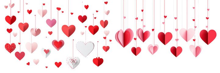 Set of a Happy Valentine's Day background with paper hearts hanging on strings, flat lay, isolated on transparent background.