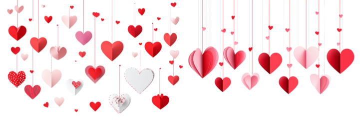 Set of a Happy Valentine's Day background with paper hearts hanging on strings, flat lay, isolated on transparent background.