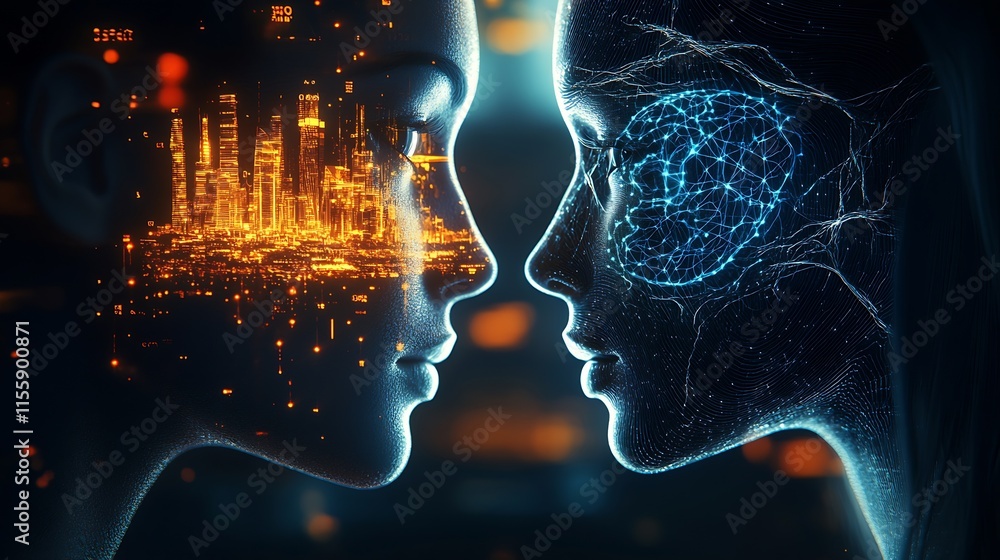 Aufkleber Abstract Visualization of Digital Neural Interface with Urban Elements : Generative AI