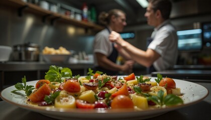 Two chefs interacting happily in a kitchen with a beautiful salad plate in focus