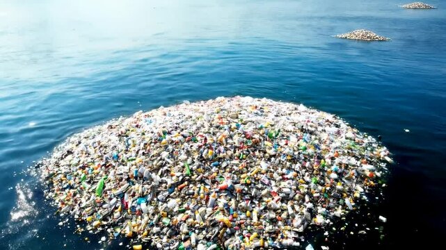 Plastic pollution, ocean and waste accumulation with floating debris on water. Environmental crisis, marine pollution and ecological disaster under blue sky