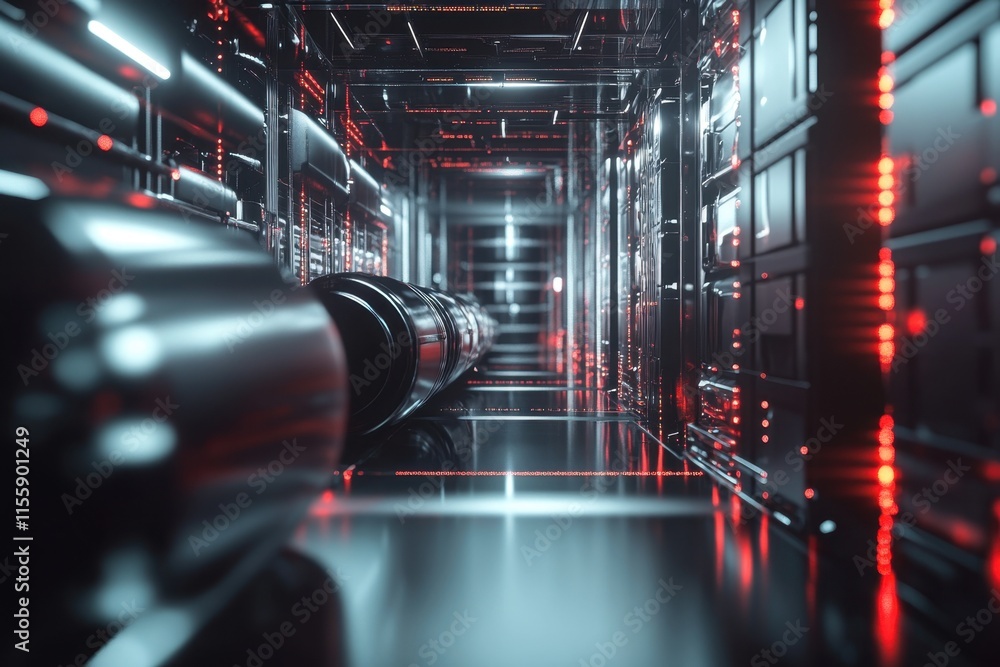 Poster futuristic corridor illuminated by red lights with intricate metal structures