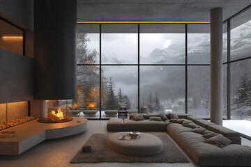 Aesthetic minimalist apartment interior with fireplace. Panoramic big windows. Modern design. Winter landscape with mountain view. 