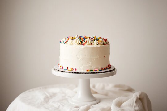 classic vanilla cake with white frosting, covered in vibrant rainbow sprinkles, placed on a white cake stand, cheerful and fun mood