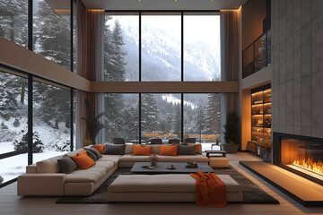 Aesthetic minimalist apartment interior with fireplace. Panoramic big windows. Modern design....