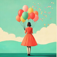 Woman Holding Colorful Balloons Against Blue Sky and Green Hills