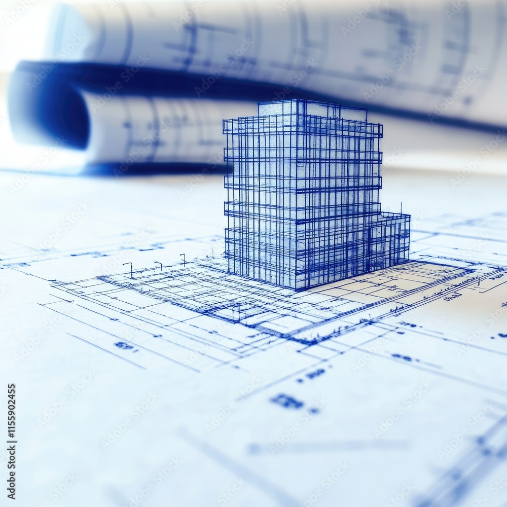 Poster a 3d architectural model on blueprint plans, illustrating building design and structure.