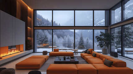 Aesthetic minimalist apartment interior with fireplace. Panoramic big windows. Modern design....