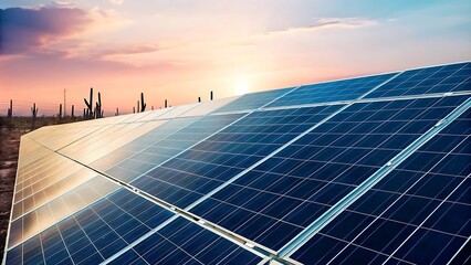 Solar Power Plant at Sunset A Stunning Blend of Renewable Energy and Nature's Beauty