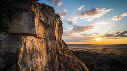 Fototapeta premium Sunset illuminates a rugged rock face overlooking a vast plain