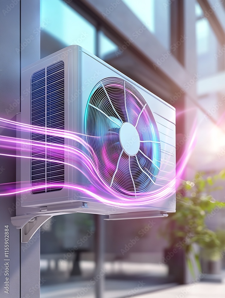 Aufkleber modern air conditioning unit with colorful airflow in sunlit urban environment : generative ai