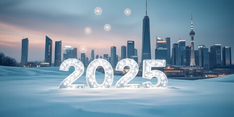 A Winter Vision of 2025- Snow-Covered Ground Meets a High-Tech City and Floating Sparkle
