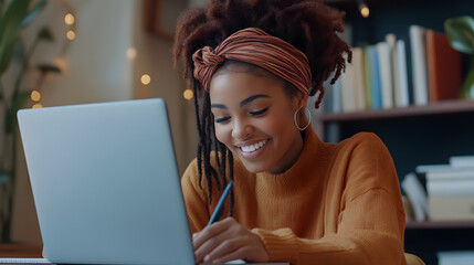 A focused African American female student with afro dreadlocks, studying remotely and taking notes during an online lesson.