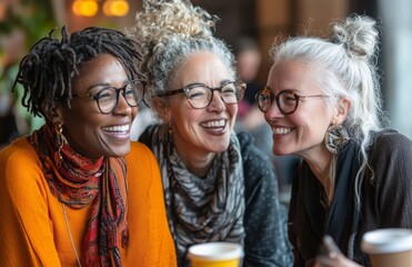 Fototapeta premium Three diverse friends laughing and sharing stories in a cozy coffee shop