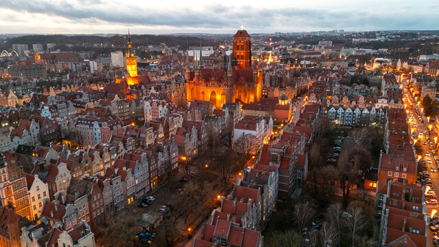 aerial view of gdansk city panorama at sunset in winter in poland