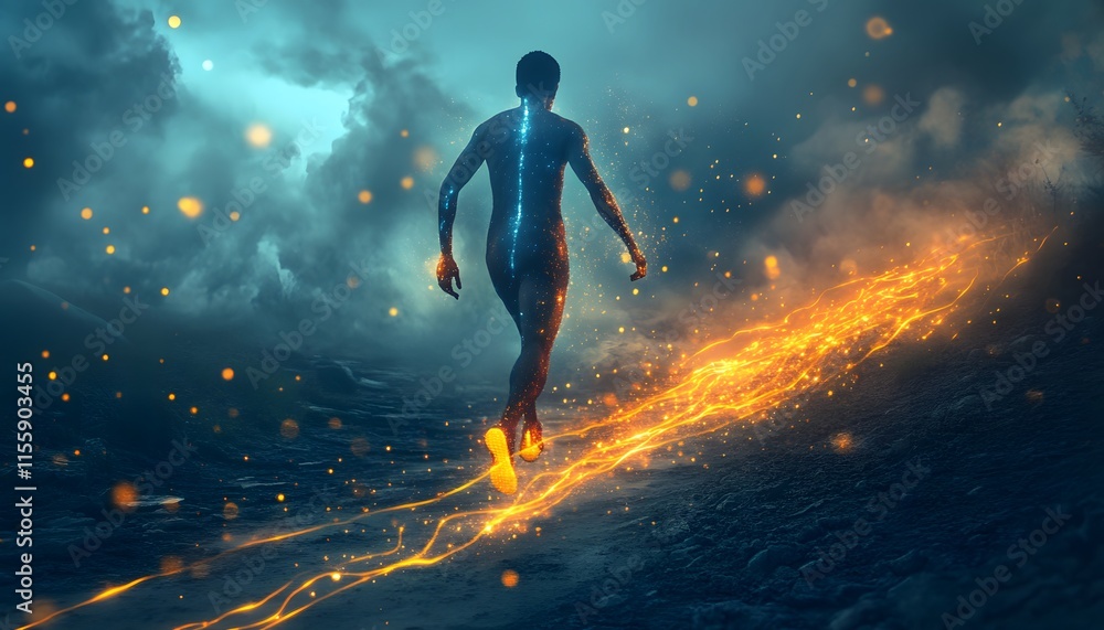 Aufkleber a futuristic silhouette of a person running on a glowing path through a misty landscape with sparkli