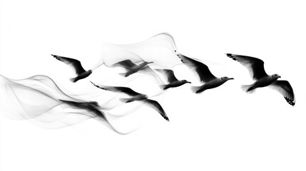Obraz premium Isolated Flock of Seagulls in Flight Against a White Background - Nature's Birds Soaring in the Sky