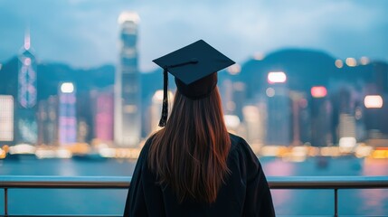 Graduate with Cap Overlooking City Skyline at Twilight