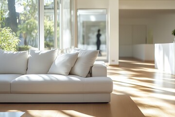 Fototapeta premium Bright and airy living space featuring plush white sofa and natu