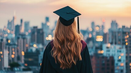 Graduate Woman with Cap Enjoying City Sunset View
