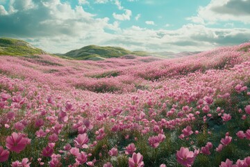 Obraz premium Vibrant Pink Family: Blooming Garden Cosmos Wildflowers on a Lush Green Hill in Springtime