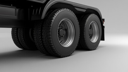 Parked Semi-Trailer Truck: Close-Up on Maintenance of Robust Rubber Wheels and Tires at Auto Service Shop