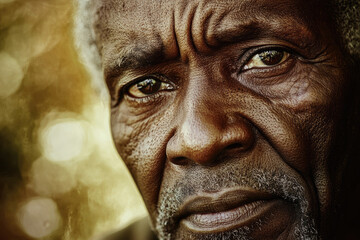 Close up portrait of an elderly African man  showing age and wisdom in his weathered face.