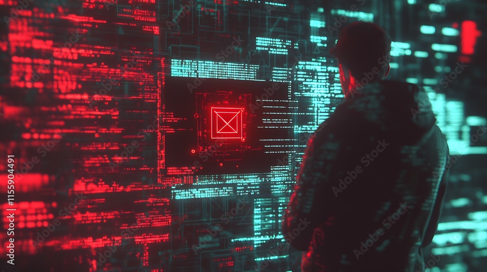 Aufkleber Man Analyzing Red Security Module on Computer Screen in High-Tech Cybersecurity Workspace : Generative AI