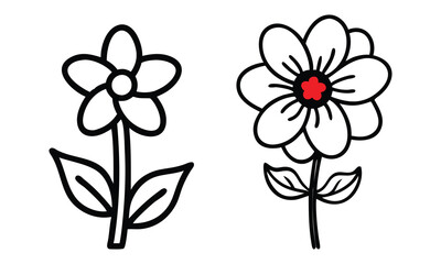 Simple Floral Vector Illustrations with Outlines, Two minimalist floral vector illustrations with bold outlines, one featuring a red center. Ideal for crafts, design projects, and decor.
