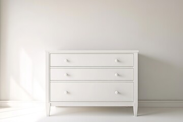 Minimalist design showcases sleek white dresser against soft bac