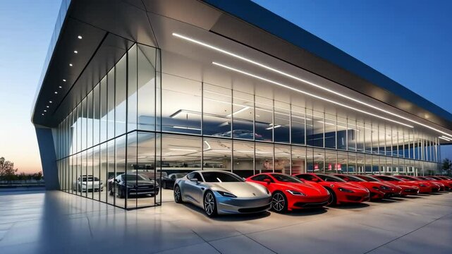 A stunning array of luxury cars shines in a contemporary showroom as the sun sets, casting a warm glow on their polished surfaces