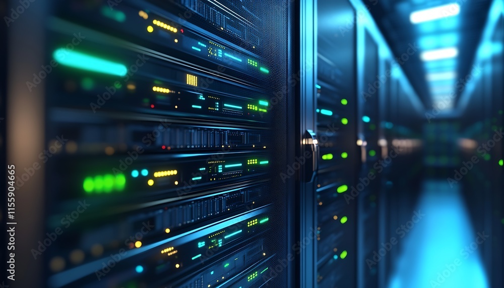 Poster Cutting Edge Server Room with Vibrant LED Displays for Enhanced Data Storage Capacity : Generative AI