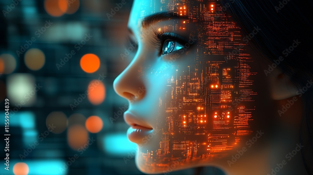 Aufkleber Cutting-edge digital visage with glowing cybernetic design illustrating AI and technological evolution : Generative AI