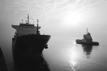 Obraz premium Vessel Departure: Ship Leaving Port After Loading, with Mooring Crew and Tugboat Ready for Safe Towage