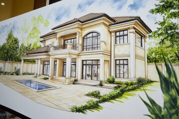 Fototapeta premium Modern architectural design sketch of a luxury house with a pool