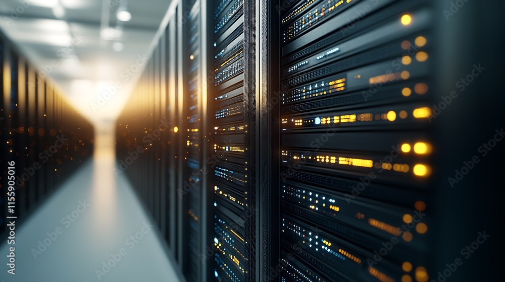 Aufkleber Illuminated Server Racks in a High-Tech Data Center Corridor : Generative AI